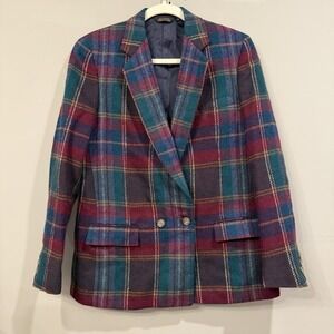 Vintage Corbin LTD Wonens Colorful Plaid Wool Blazer Equestrian Size 8
